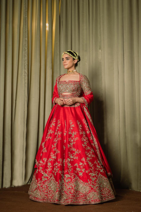 Red Raw Silk Sequins Hand Work Lehenga Set