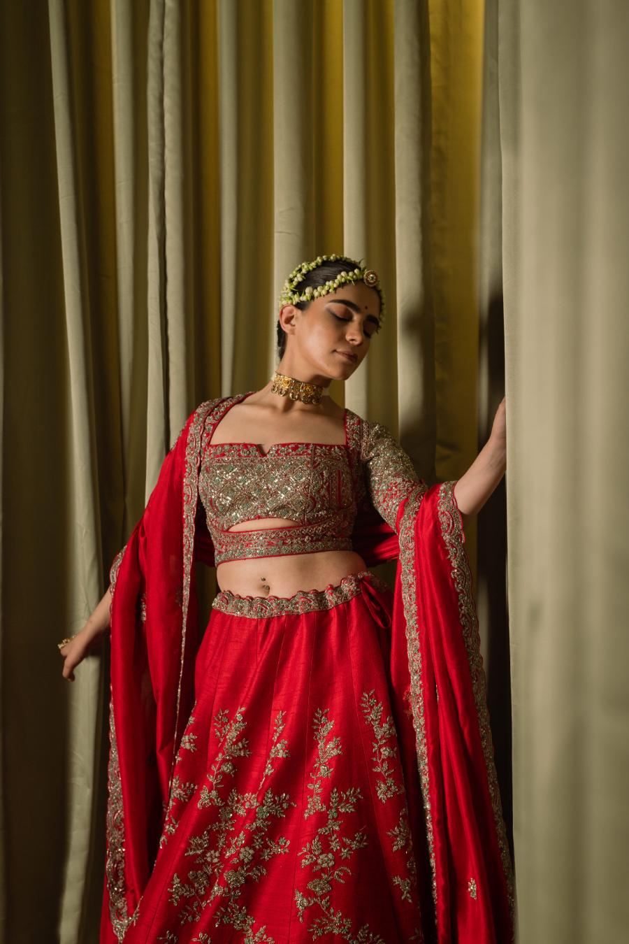 Red Raw Silk Sequins Hand Work Lehenga Set