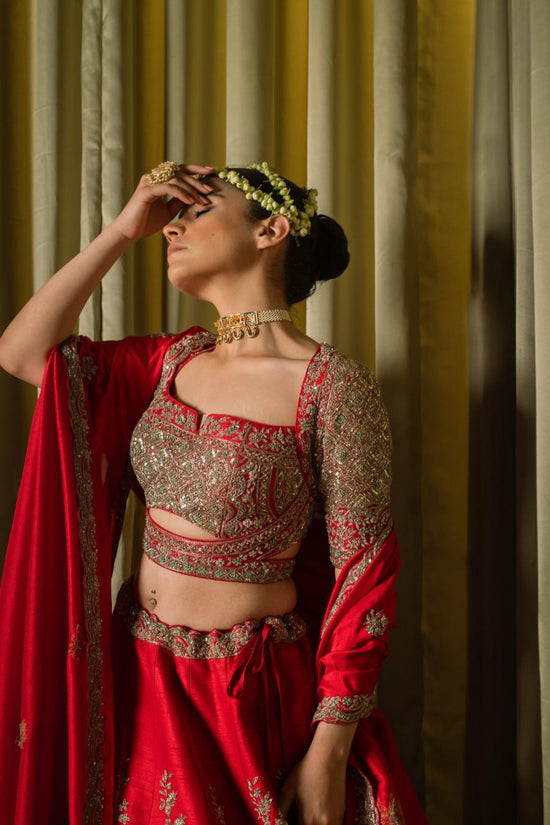 Red Raw Silk Sequins Hand Work Lehenga Set
