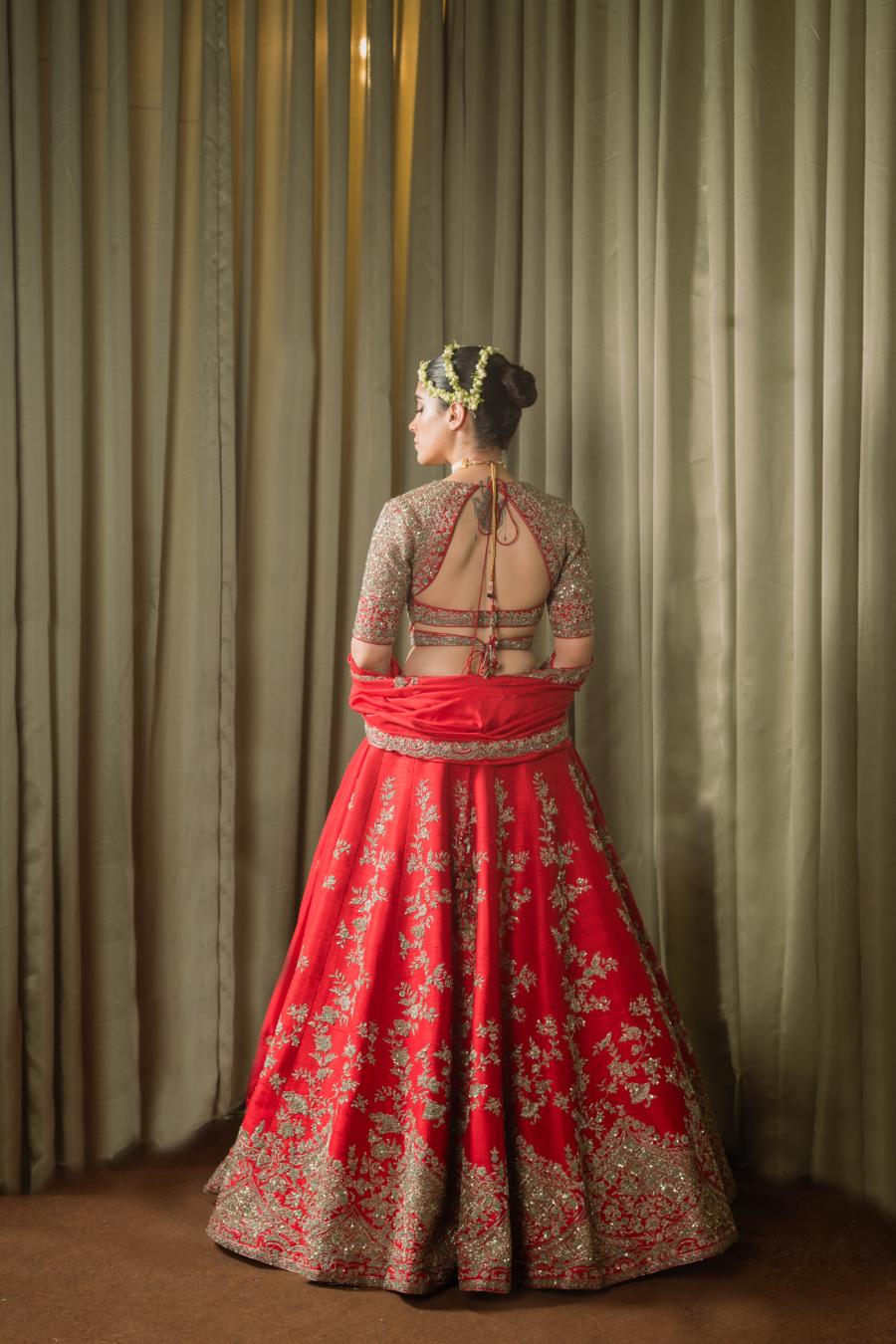 Red Raw Silk Sequins Hand Work Lehenga Set