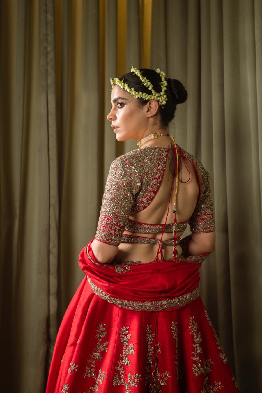 Red Raw Silk Sequins Hand Work Lehenga Set