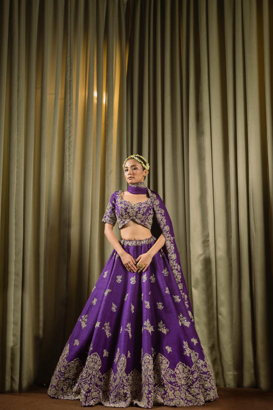 Purple Raw Silk Dabka Work Lehenga Set