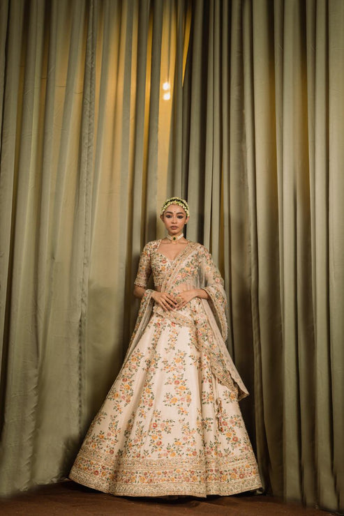 Ivory Raw Silk Resham Work Lehenga Set