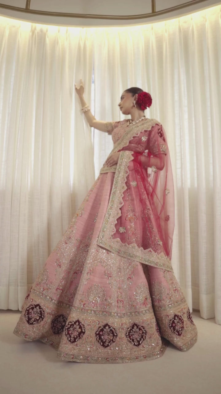 Rosette Charm Raw Silk Zardosi Bridal Lehenga Set