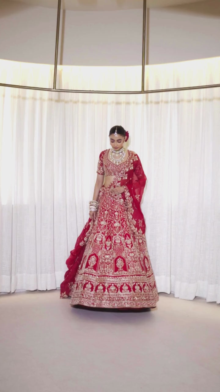 Radiant Ruby Raw Silk Zardosi Bridal Lehenga Set