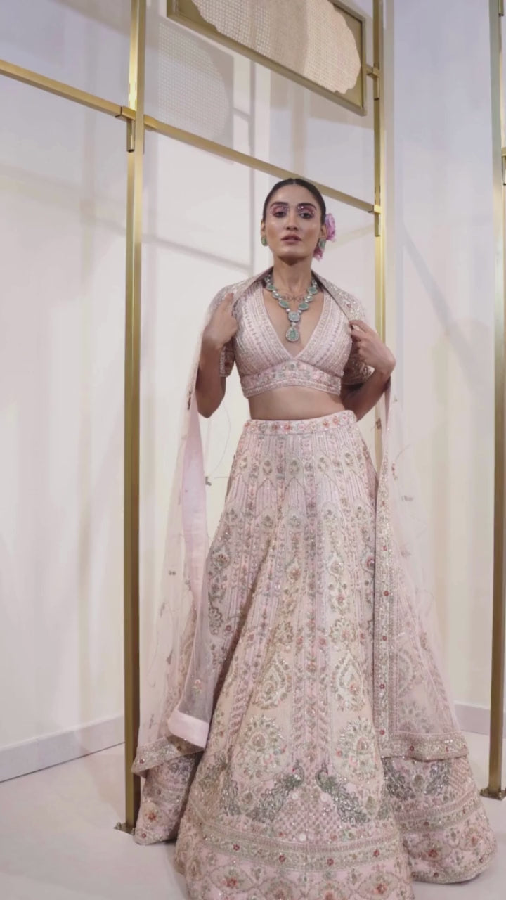 Glamorous Rose Raw Silk Zardosi Bridal Lehenga Set