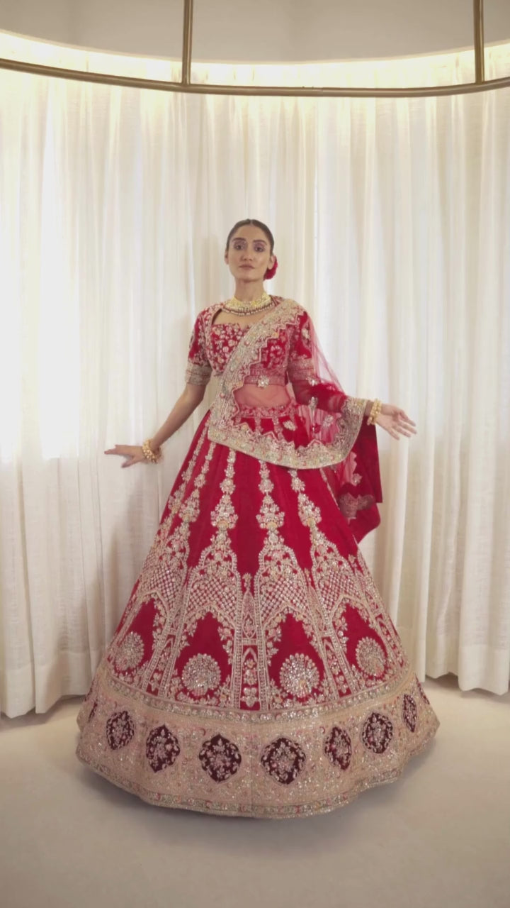 Majestic Maroon Raw Silk Zardosi Bridal Lehenga Set
