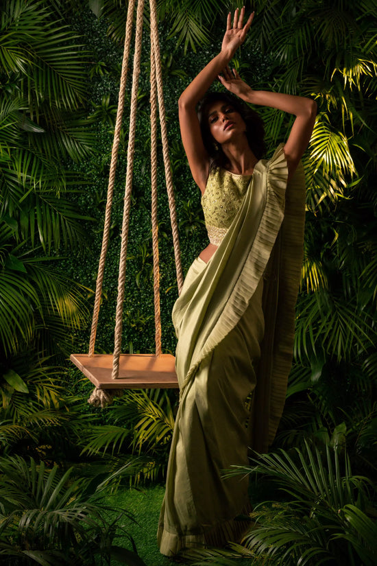 Lucknowi Drape Saree Green