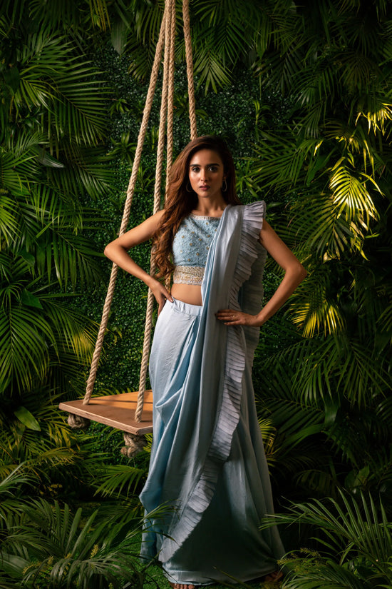 Lucknowi Drape Saree Blue