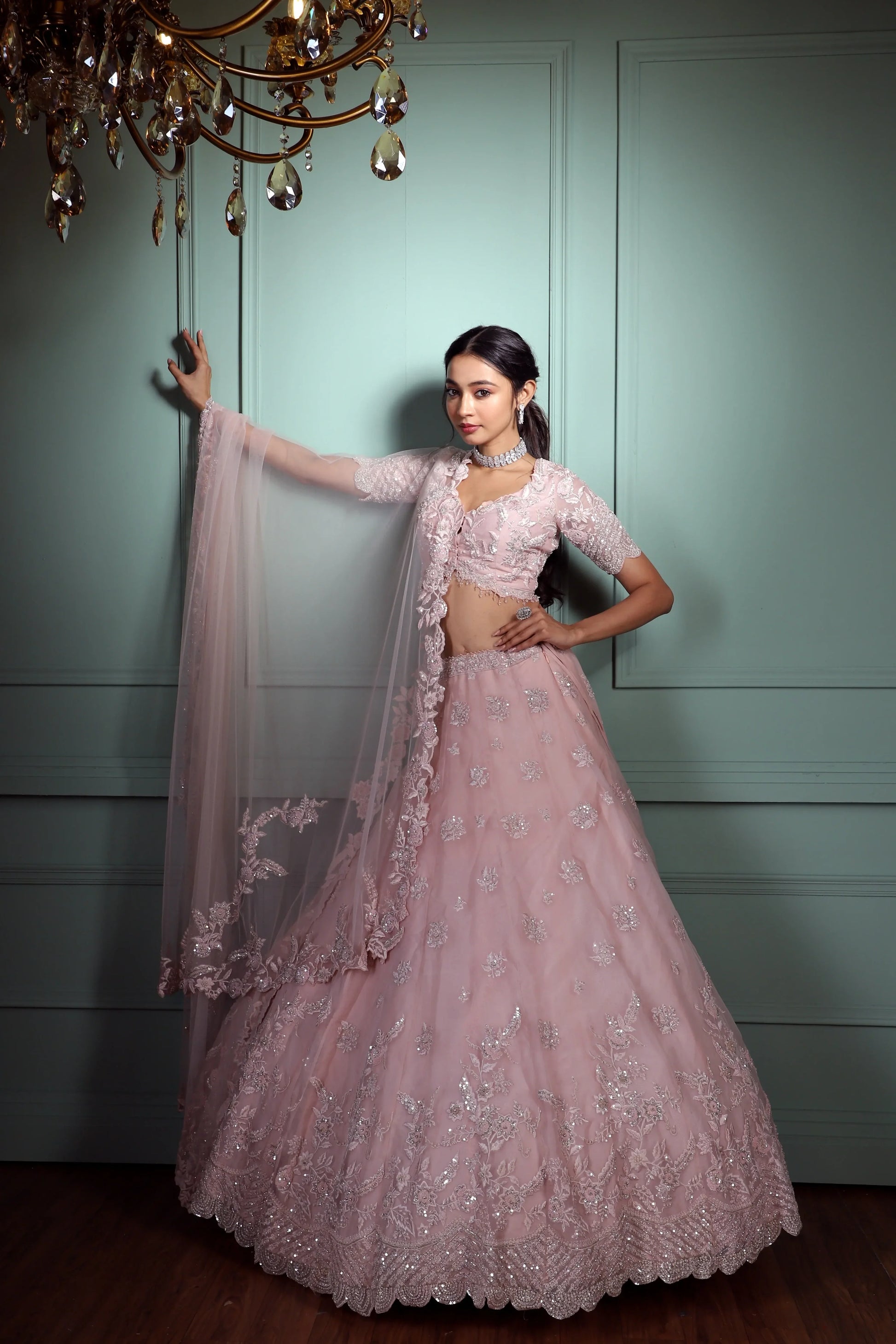 A blush pink lehenga by Pallavi Poddar ® for contemporary