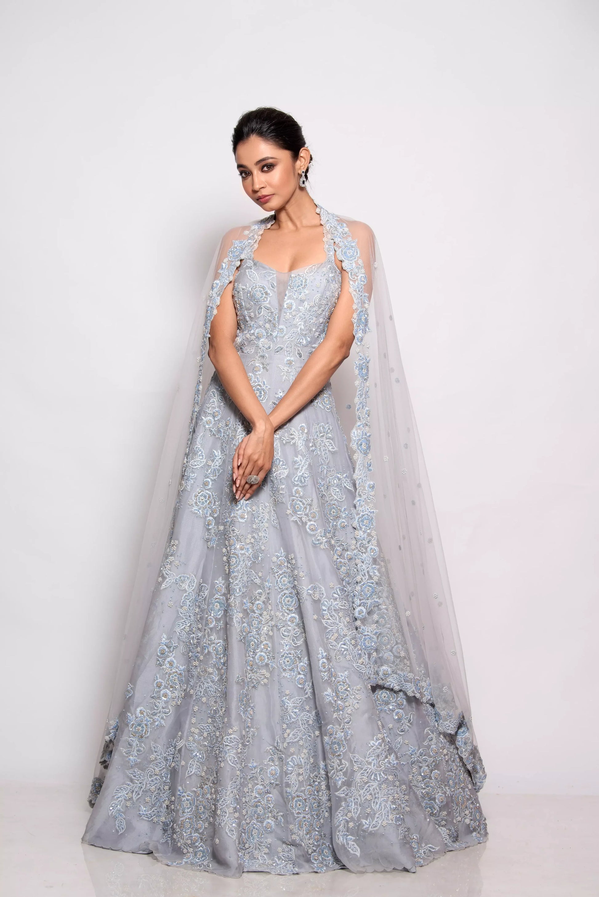 grey dress with pearls ASHLEYlauren 11598 Off Shoulder Pearl Beaded Gown